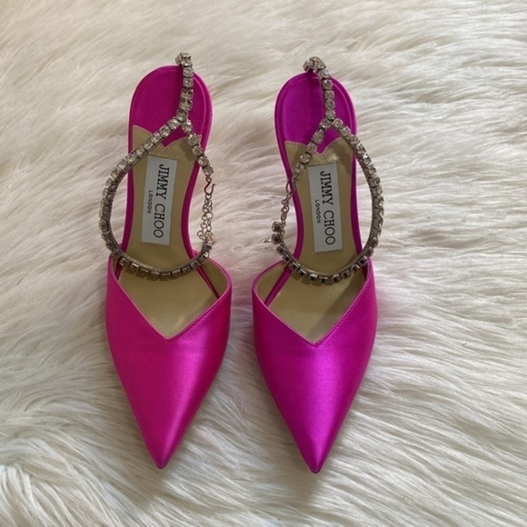 Jimmy Choo Saeda‎ 100mm satin crystal ankle strap pump size 35.5EU - Picture 3 of 16